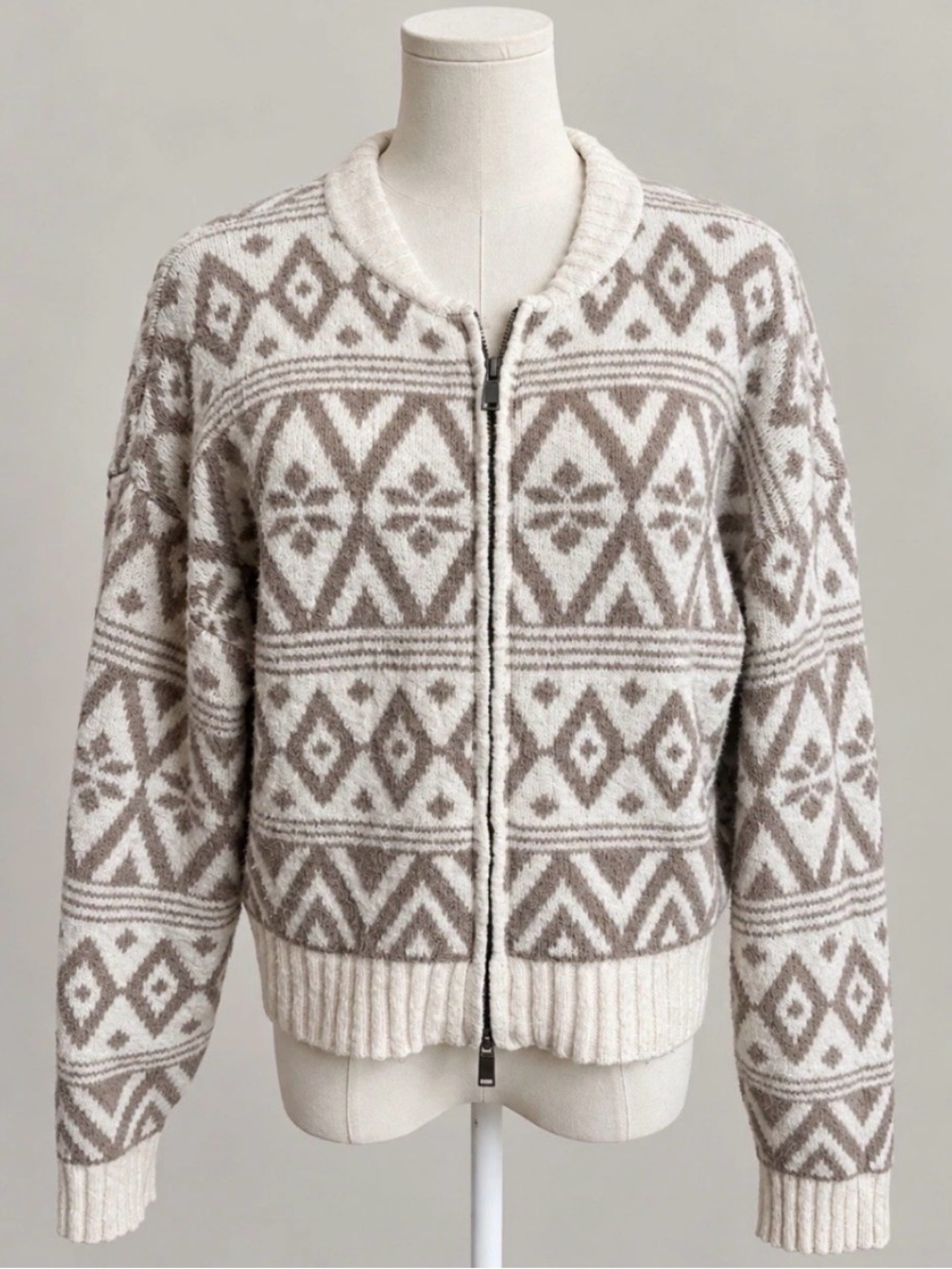 Pink Rose Fair Isle Cardigan Women L Cream Taupe Two Way Zip Sweater